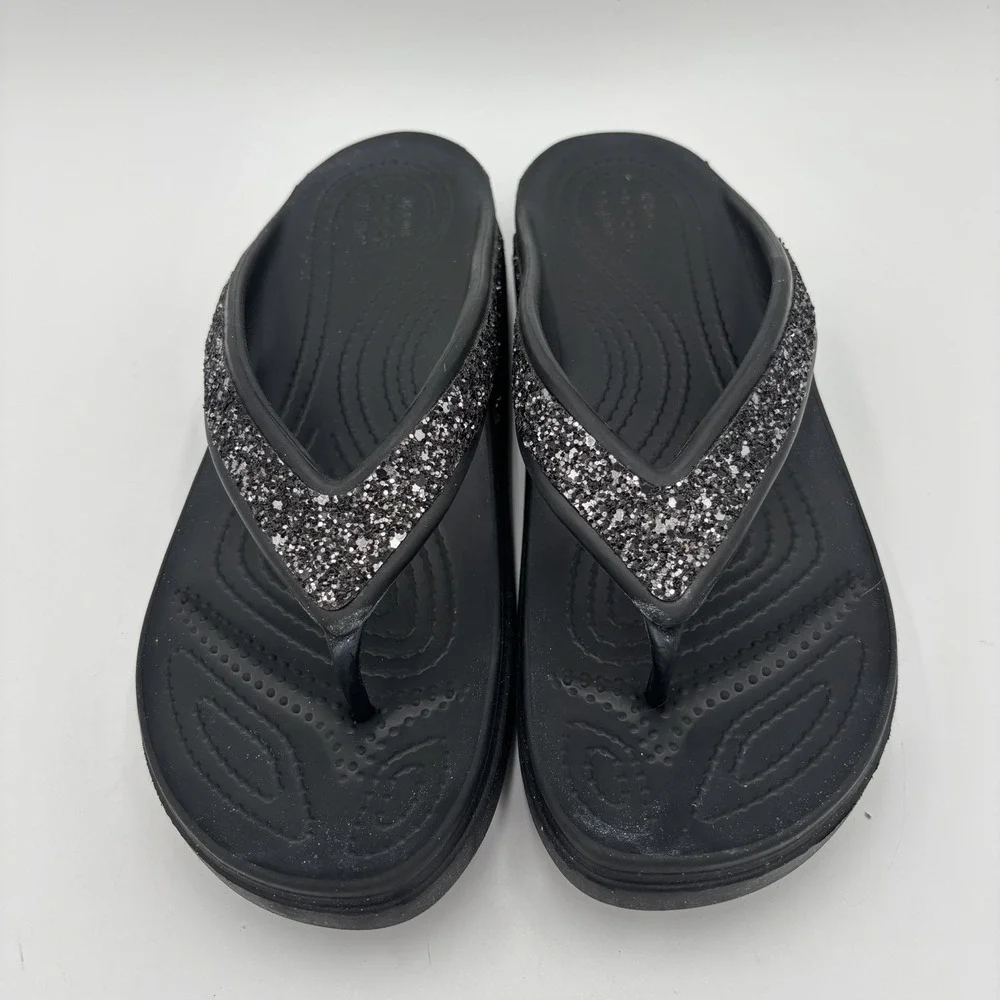 CROCS Sloane Sandals Womens 9 Glitter Wedge Flip Flops Slip On Black